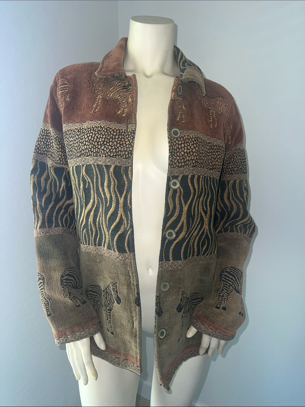 Breckenridge Woven Tapestry Jacket, Zebra Safari Animal Print Boho Art. Size L.
